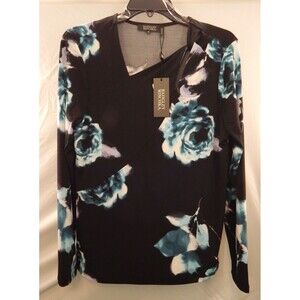 Badgley Mischka Women MED Top Black w/ Turquoise Floral Accents Asymmetrical NWT